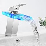 BONADE LED Wasserfall Waschtischarmatur, Waschbecken Armatur RGB Farbwechsel Glas Wasserfall Auslauf, Badarmatur Mischbatterie für Bad/Badezimmer Wasserhahn