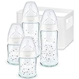 NUK First Choice Plus Glas Babyflaschen Starter Set, mit 4 Babyflaschen inklusiv Silikon-Trinksaugern & Flaschenbox, 2x 120ml & 2x 240ml, 0-6 Monate, Sortiertes Design