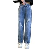 Rolanko Mädchen Jean Hosen Loch Denim Blau Jeans, Vintage Hose mit Weitem Bein für Kinder Fit, Blue Hole, Größe: 160