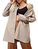 Bellivera Damen Hemd Kunstleder Jacke PU Langarm Oversize Shacket Mantel, 21001mA Beige, L