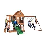 Backyard Discovery Spielturm Holz Hillcrest | XXL Spielhaus für Kinder mit Rutsche, Sandkasten, Schaukel, Kletterwand und Picknicktisch | Stelzenhaus für den Garten.