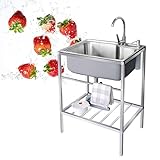 Langsame Edelstahlspüle, tiefe Edelstahlspüle, tiefe Gartenküche für den Außenbereich, DIY-Wasserhahn für den Innen- und Außenbereich und Abflussrohr, selbsttragende Spüle mit Tank Typ 1, Kü