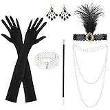 KEWUZY 6 Teiliges 20er Jahre Accessoires, 1920 Zubehör Set, Great Gatsby Party Kostüme Damen mit Flapper Stirnband Handschuhen Perlenkette Ohrringen für Halloween W