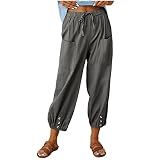 Leinenhose Damen 7/8 Lang Sommerhose Baumwolle Leinen Freizeithose Lässige Einfarbig Stoffhose Casual Loose Fit Strandhose mit Taschen Yogahose Elastische Taille Haremshose Cap