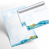 Logbuch-Verlag SET 12 Blatt Briefpapier Fisch Regenbogenfisch Einladung Kommunion Geburtstag Kinder blau weiß MIT 10 Briefumschläge A4 maritim T