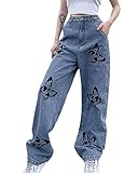 SANSIWU Y2K Baggy Damen Jeans mit hoher Taille, gerades weites Bein, zerrissene Jeans, Schmetterling, einfarbig, weites Bein, legere Streetwear-Denim-Hose, A-Blau, S