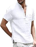 Herren Leinenhemd Henley Shirt Hemd Kurzarm Sommer Freizeithemd Regular Fit Männer Tops, Weiß, XL