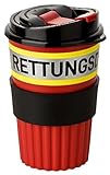 PACOTEX RETTUNGSDIENST To-Go Coffee Becher rot mit gelb-silber-gelb Streifen in Rettungsdienstoptik, 350ml, mit griffiger Softmanchette
