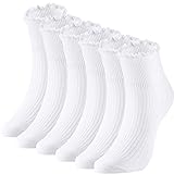 SATINIOR Frauen Söckchen Stricken Baumwoll Spitze Rüsche Socken Normallack-Beiläufige Socken, 6 Paare (Weiß)