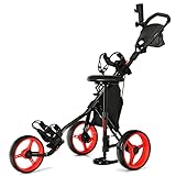 COSTWAY Golf Trolley, 3 Rad Golftrolley, Golfwagen Golf klappbar, Golfcaddy Golf Push Cart aus Metall, Golfcaddy mit Schirmhalter, T-Stückhalterung und Aufbewahrungstasche (Rot inkl. Sitz)