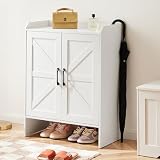 Mericonia Schuhschrank, 5-stufiger Farmhouse-Schuh-Organizer mit 2 Türen, freistehender Schuhschrank mit verstellbarem Regal und Metall-Eckdekoration für Eingangsbereich und Flur, weiß