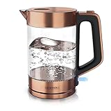 Arendo - Glas Wasserkocher Edelstahl - 1,7 Liter - 2200W - Cool Touch Griff - One Touch Verschluss - automatische Abschaltung - integrierte Kabelführung - Überhitzungsschutz - Kupfer Desig
