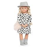 Lori 45712 Puppe Brinne, 15cm, Lange Blonde Haare, Blaue Augen, ab 3 Jahren, Stehpuppe, beweglich, weicher Körper, Dalmatiner Mantel, Felltasche, Hut Mehrfarbig