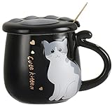 400ml Keramik Kaffeetasse heiße Schokolade becher Katze Tasse Teetassen mit Katzenpfote Deckel und Löffel Kaffeebecher Mug Set mit Geschenkbox (Schwarz)