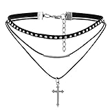 JewelryWe Schmuck Damen Choker Halskette, schwarz Nieten gotische Seil Goldrohr Velvet Spitze Choker Tattoo Punk Gothic Halsband mit Kreuz Anhänger