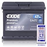 EXIDE EA472 Premium Carbon Boost Autobatterie 12V 47Ah 450A Starterbatterie PKW KFZ Batterie - Ersetzt 40Ah 41Ah 42Ah 44 + 1x Batteriepolfett