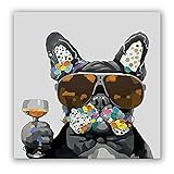 Leinwand-Kunstdruck, gerahmt, Motiv: Cool Boss Of French Bulldog mit Glas hält Wein, Leinwandgemälde, niedliches Tier-Cartoon-Wandposter, gerahmt, Dekoration für Zuhause und Büro, Mops, 40,6 x 40,6 cm