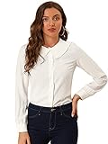 Allegra K Damen Langarm Bubikragen Knopfleiste Swiss-Dots Shirt Bluse Weiß M
