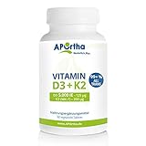 APOrtha Vitamin D3 5.000 I.E + 200 µg K2 99+% ALL-Trans I 365 vegetarische Tabletten hochdosiert I Vitamin D und K I D3 Vitamin K2 Tablette leicht zu schlucken - Alternative zu Tropfen und Kapseln