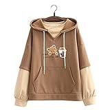 Himifashion Kawaii Hoodie Teen Girls Sweatshirt Cute Bear Patchwork Stickerei Pullover Hooded Tops Fake Zweiteiliger Samt Lose Hoodies, braun, One size