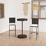 Wakects Set aus Polyrattan, Tisch und Stühle mit 2 Hockern, Gestell aus Stahl, Tisch und Stühle aus Rattan, mit Rückenlehne und Kissen für den Außenbereich, Schwarz