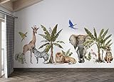 Osomhome Dschungeltiere 190x90cm - Safari, Zebra, Löwe, Tiger, Giraffe, Flamingo, Elefant, tropische Bäume Kinderzimmer Junge Babyzimmer Wandsticker Wandaufkleber Bilder Wandtattoo os4016