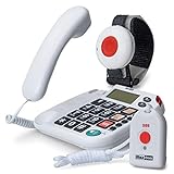 Maxcom KXTSOS: Seniorentelefon mit Funk-Notruf-Sender, schnurgebundenes Festnetztelefon mit Arm- und Halsbandsender, großen Tasten, Adapterstecker, hörgerätekompatibel