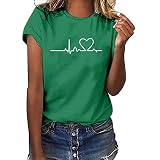 Tshirt Damen Lässige Elektrokardiogramm Druck Oberteile Herzschlagkurve Pullover T-shirt Einfarbiges Basic Shirt Rundhals Kurzarm Sommer Tops Lockere All-Match Tunika Bluse Laufshirt Sp