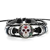 Vintage Hippie Skelett PU Lederarmband Mexikanische Zuckerschädel Volkskunst Muster Glas Cabochon Verstellbares Seil Armband