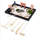BELLE VOUS Japanische Deko Mini Zen Garten Set - 20 x 28 cm - Zen Garten Miniatur mit Zen-Sand, 6 Werkzeugen & 11 Funktionen - Heim-, Büro- & Schreibtischdekoration - Meditation Zubehör
