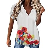 Sommer Damen Kurzarm Wellig V Ausschnitt Floral Printed Shirts Top Casual Loose Shirts Tee Bluse Damen mit Taschen, rot, M