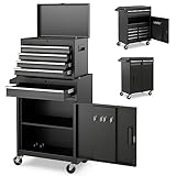 GOPLUS 2 in 1 Werkzeugschrank aus Metall, Kombinierter Rollschrank mit tragbarem Werkzeugkasten, Mobiler Werkstattwagen mit 5 Schubladen & Antirutschmatten, für Werkstatt & Haushalt (Schwarz)