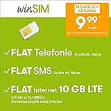Handyvertrag winSIM LTE All 10 GB – monatlich kündbar (FLAT Internet 10 GB LTE mit max. 50 MBit/s mit deaktivierbarer Datenautomatik, FLAT Telefonie, FLAT SMS und EU-Ausland, 9,99 Euro/Monat)