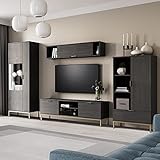 Wohnwand Set (Vitrine, Hängeschrank, TV Lowboard, Highboard) und Couchtische in Esche schwarz Nb., inkl. LED Beleuchtung, Industrial Design, B/H/T ca. 320/190/41