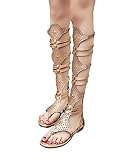 ticticlily Sandalen Damen Knie Hoch Römische Gladiator Sandalen Nieten Besetzt Riemchensandalen Reißverschluss Zehensandalen A Gold 38 EU