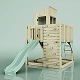 Rebo Spielturm aus Holz mit Wellenrutsche | Outdoor Klettergerüst mit Plattform, Spielhaus, Kletterwand, Sandkasten und Kleterseil