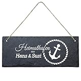 Schiefertafel Heimathafen (Anker, schwarz/weiß): personalisiertes Türschild mit Namen und Spruch - Maritime Wanddeko, modernes Anker Design; Türschild, Deko