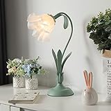 Tischlampe Landhausstil Weiß Nachttischlampe E27 Vintage Glas Tischleuchte Rose Blumen Lampe Mit Grün Metallsockel Für Schlafzimmer & Esszimmer Schreibtischlampe Wohnzimmer H50CM(Ohne Lichtquelle)