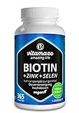 Biotin hochdosiert 10.000 mcg + Selen + Zink für Haarwuchs, Haut & Nägel, 365 vegane Tabletten für 1 Jahr, Nahrungsergänzung ohne Zusatzstoffe, Made in Germany