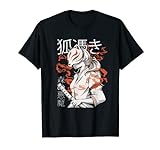Japanische Anime Fuchs Mädchen Kriegerin Kitsune Maske T-Shirt