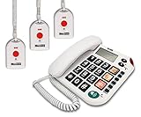 MAXCOM KXT481SOS (G-TELWARE®) Haus-Notruf-Seniorentelefon mit Funk-SOS-Sender, schnurgebundenes Festnetz-Telefon mit 3 Umhängesendern, Große Tasten, TAE Stecker, Hörgerätekompatibel