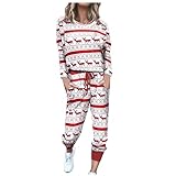 Weihnachts-Trainingsanzug für Damen, Pullover, lange Hose, zweiteiliges Outfit, langärmeliges Oberteil, Pyjama-Set mit Taschen, weiß, 48