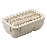 Bento Box für Erwachsene Kinder Weizenstroh Lunchbox mit Löffel und Stäbchen Behälter Auslaufsicherer gesunder japanischer Meal Prep Behälter zwei Fächer Lunchboxen für Mikrowellen-Gefriersc