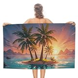LYHVSFJW Strandtuch, Sonnenaufgang, tropische Palme, Insel, Badetuch, übergroß, Reisehandtuch, weich, saugfähig, sandfrei, leicht, Pool-Handtuch für Erwachsene, schnell trocknendes Badetuch, 78 x 130