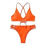 SHINEHUA Damen Besondere Plissee Bikini Set V-Ausschnitt Rückenfrei Verstellbar Ties-up Bikinioberteil Zweiteiliger Badeanzug Niedrig Tailliert Triangel Cutout Bikinihose Bademode (Orange, M)