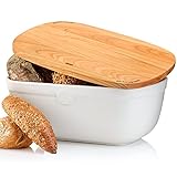 küchenspecht® Brotkasten Keramik - weiße Brotbox 36x25x14cm mit Kirschholzdeckel - Brottopf Ton in Europa hergestellt - hält Brot extra lange frisch