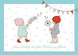 'Vielen Dank für die lieben Wünsche zur Geburt' Dankeskarte zur Geburt für Zwillinge Mädchen und Junge (Babykarte/ Zwillings Baby Karte) mit 2 Wichtelmännchen und Girlande in Blau. (Mit Umschlag) (4)