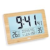 ADE Digitale XL-Funkuhr CK2113 Tisch-Uhr schmaler Rahmen aus echtem Bambus, Wand-Uhr mit Dual-Alarm, Thermometer/Hygrometer, LCD-Display mit Beleuchtung, hochwertiger ABS-Kunststof in weiß