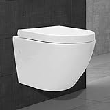 ECD Germany Hochwertiges Spülrandloses Hänge WC kurz Weiß, Toilette aus Keramik mit Antibakterieller Oberfläche, Abnehmbarer WC Sitz aus Duroplast mit Absenkautomatik Softclose, Tiefspül-WC Wand-WC