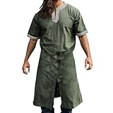 Caxndycing Mittelalter Hemd Herren Wikinger Tunika Torsten Kurzarm Viking LARP Robe Vintage Traditionelle Leinenhemd mit Bordüre V-Ausschnitt Bedruck T